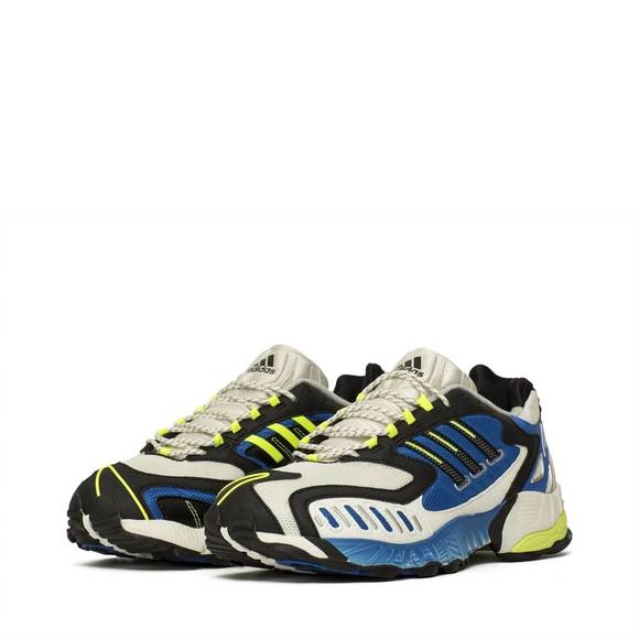 NEW ADIDAS men's torsion trdc sneaker in white/black/blue/neon yellow